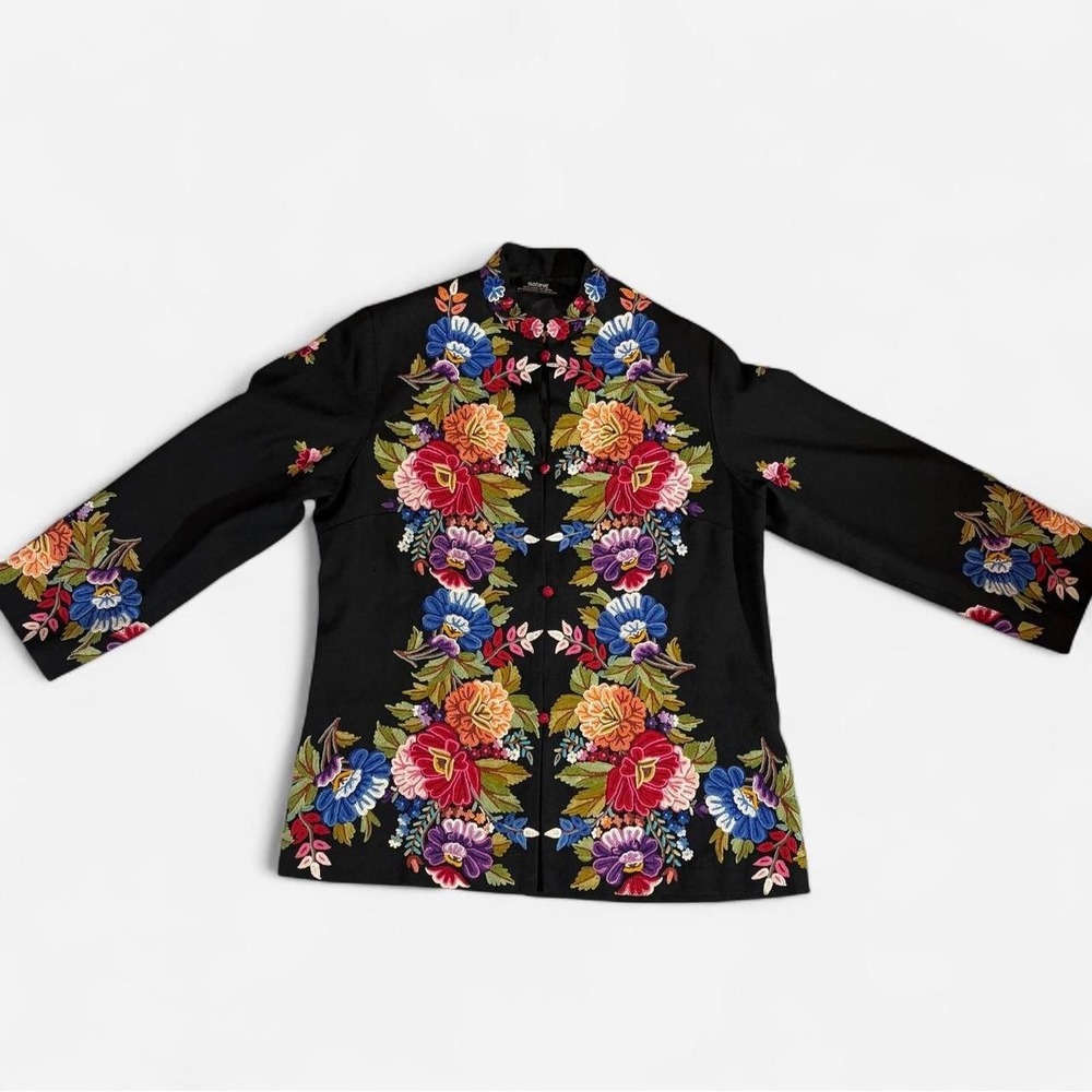 RARE Women's Multicolor Pure Raw Silk Hand Embroidered Cashmere Wool Jacket Sz M